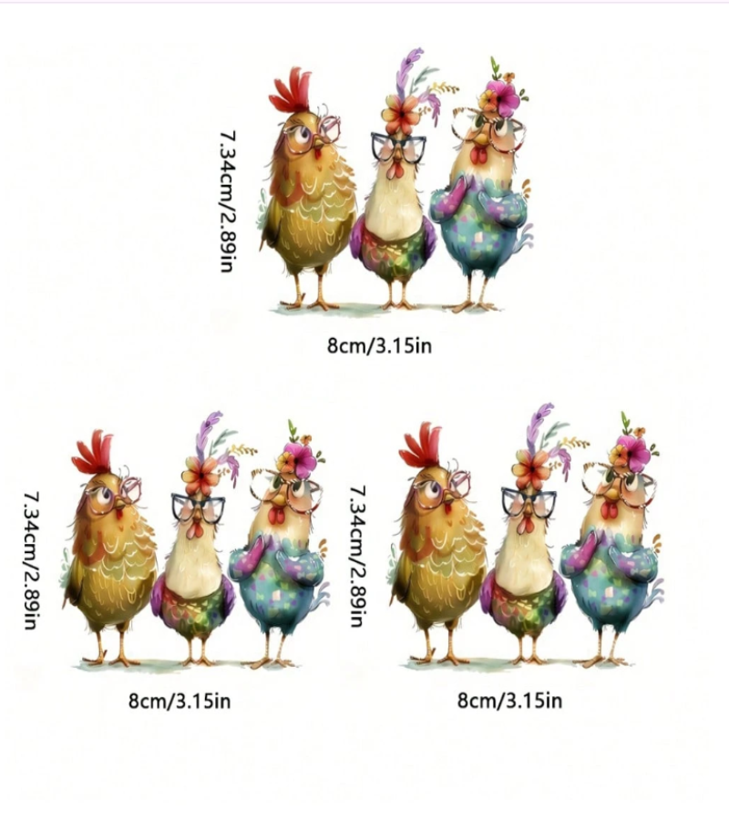 Three cartoon chicken PET Stickers with measurements