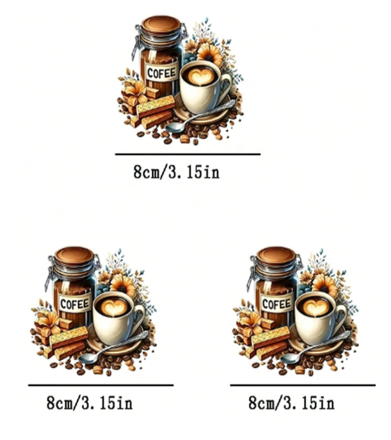 Three small printed coffee-themed PET Stickers shown on a white background, each labeled 8cm/3.15in.