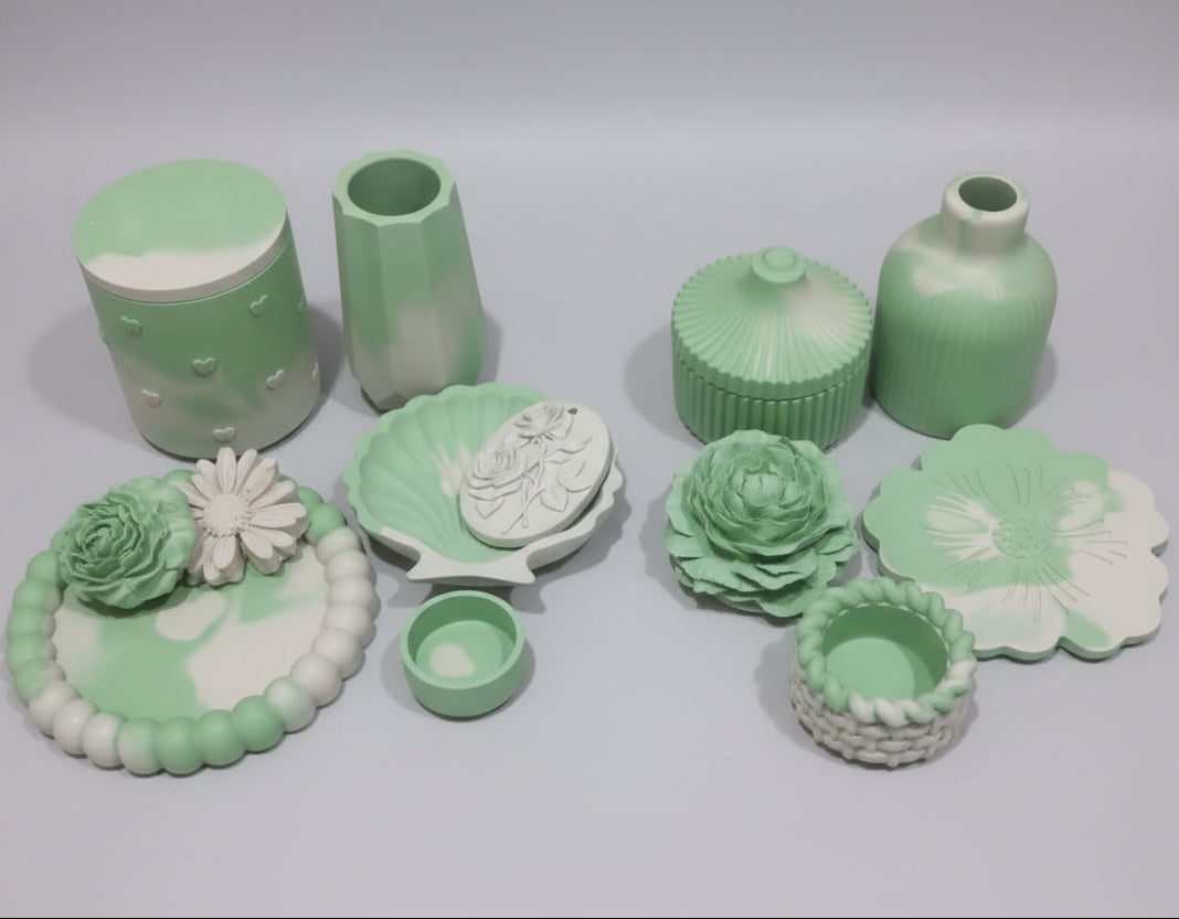 Handmade Pastel Green and White Marbled Ceramic Decorative Items