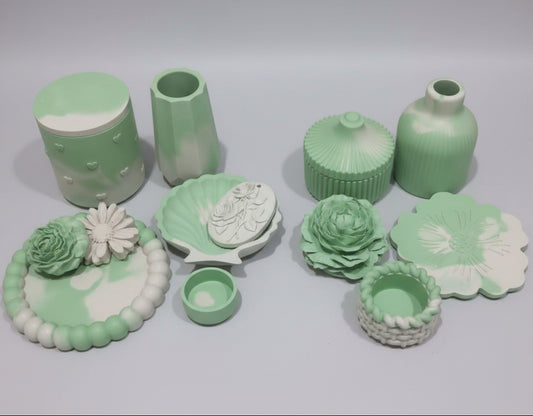 Handmade Pastel Green and White Marbled Ceramic Decorative Items
