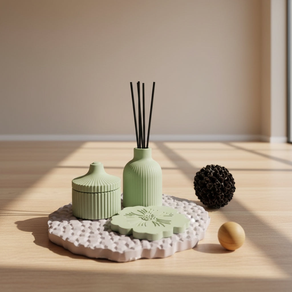A set of light green ceramic home accessories, including a reed diffuser bottle with black reeds, a ribbed lidded container, a flower-shaped coaster, and a matching small sphere, arranged on a textured lavender tray over a rustic wooden surface.