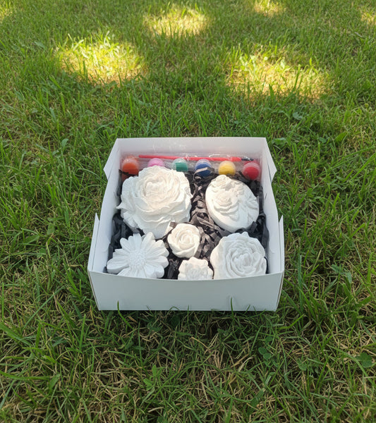 A white box containing Six unpainted white ceramic floral decorations (roses, daisy, and oval medallion) nestled in black shredded paper, with a set of colorful paint pots and painting brush.