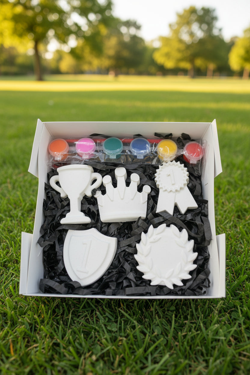 A boxed set of white ceramic trophy-shaped pieces arranged in black shredded paper inside a white box, with small paint pots visible along the top edge. The set includes a cup, crown, ribbon award, shield, and laurel wreath design.