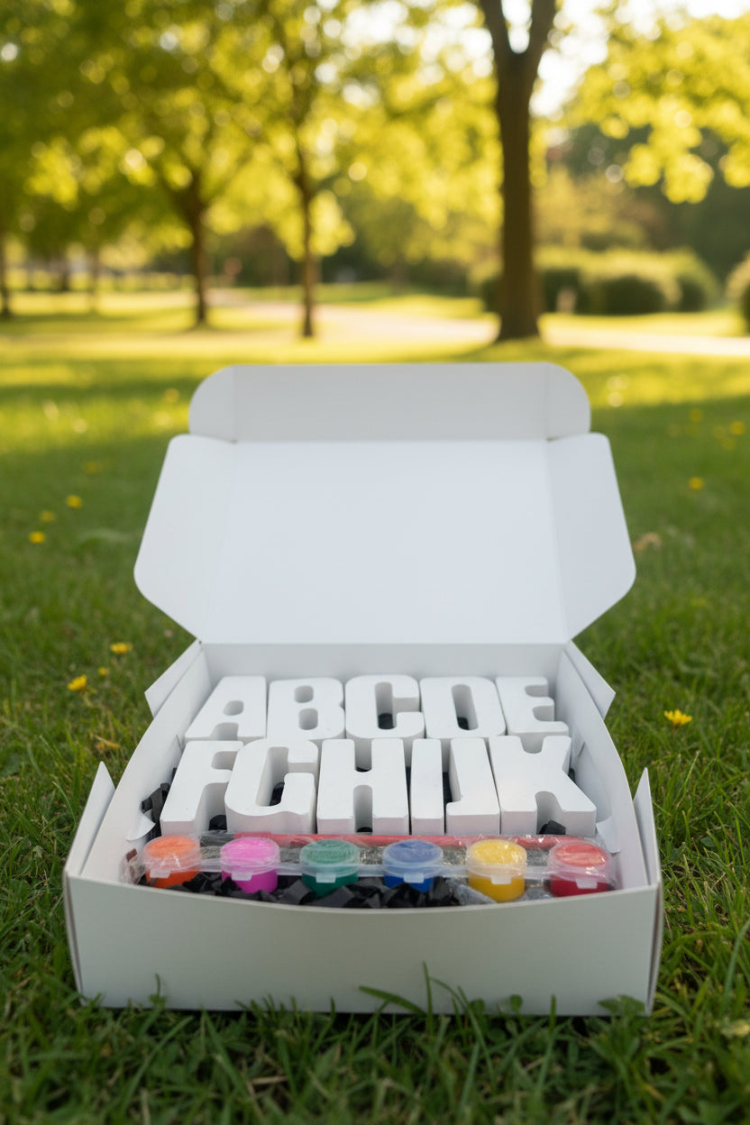 A cardboard box containing large white block letters spelling ABCDEFGHIK, with a small set of colorful paint pots and a paintbrush resting on black filler material inside the box.
