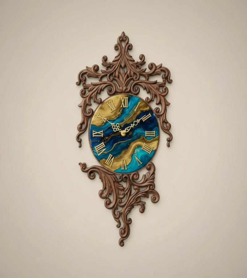 An ornate, brown carved wooden wall clock with Roman numerals