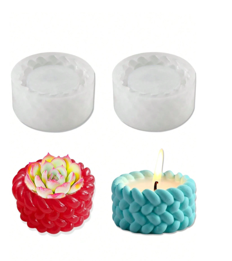 Two white silicone tea light candle molds shown above two finished example candles: one red textured candle with a pink-and-white flower-shaped wax top, and one turquoise textured candle with a lit wick.