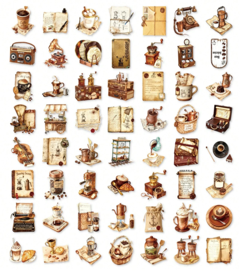 Vintage-themed illustrated icons and small objects, including coffee cups, notebooks, a typewriter, a radio, a gramophone, a suitcase, a map, and other retro items, arranged on a plain white background.