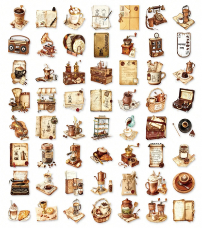 Vintage-themed illustrated icons and small objects, including coffee cups, notebooks, a typewriter, a radio, a gramophone, a suitcase, a map, and other retro items, arranged on a plain white background.