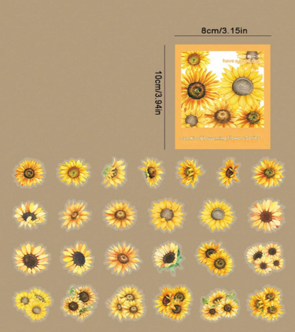 A sunflower-themed PET Sticker for Heat Transfer, layout on a tan background.