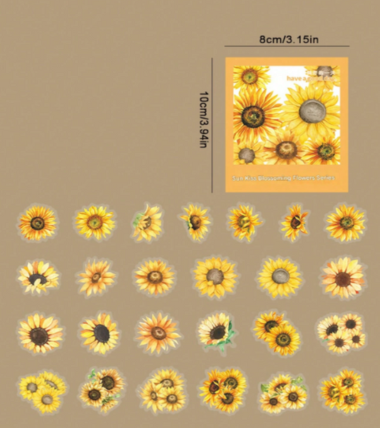 A sunflower-themed PET Sticker for Heat Transfer, layout on a tan background.