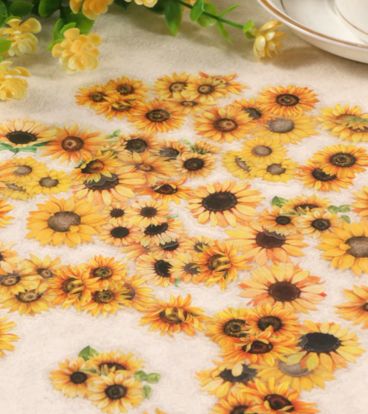 PET Stickers, Yellow and orange sunflowers with dark brown centers.