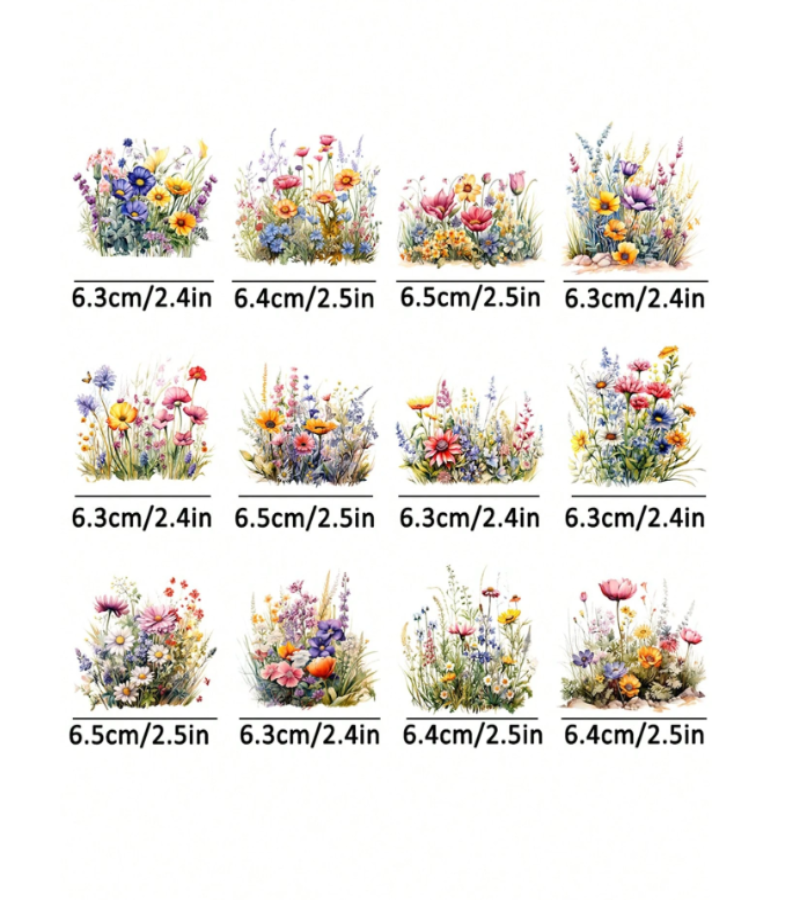 A grid of PET Heat Transfer wildflower designs, each labeled with its size in centimeters and inches. The flowers include blue, pink, yellow, orange, purple, and green tones on a plain white background.