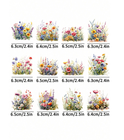 A grid of PET Heat Transfer wildflower designs, each labeled with its size in centimeters and inches. The flowers include blue, pink, yellow, orange, purple, and green tones on a plain white background.