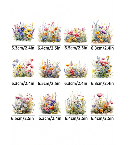 A grid of PET Heat Transfer wildflower designs, each labeled with its size in centimeters and inches. The flowers include blue, pink, yellow, orange, purple, and green tones on a plain white background.
