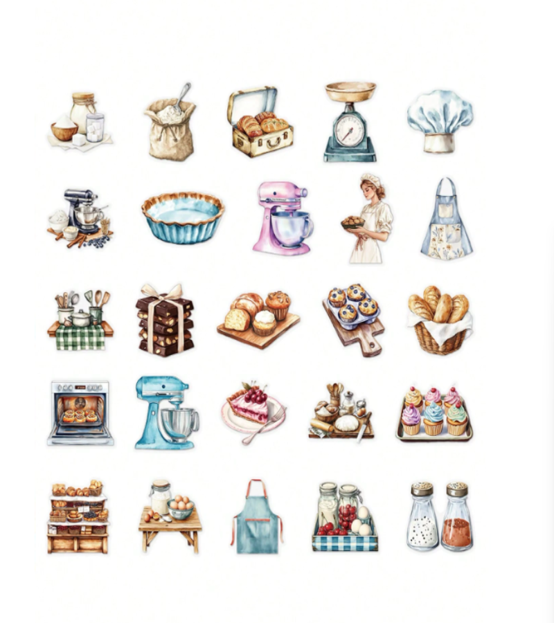 A collection of bakery and kitchen Stickers arranged on a white background, including breads, pastries, mixers, an oven, shelves, and aprons.