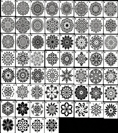 A grid of black-and-white decorative stencil arranged in rows on a white background.