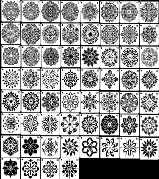 A grid of black-and-white decorative stencil arranged in rows on a white background.