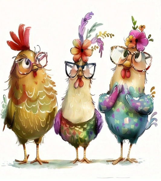 A whimsical watercolor-style illustration of three cute chickens standing side by side. 