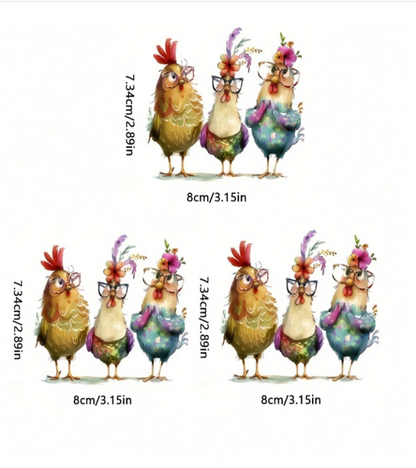Three cartoon chicken PET Stickers with measurements