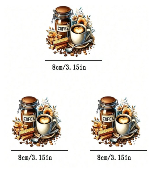 Three small printed coffee-themed PET Stickers shown on a white background, each labeled 8cm/3.15in.