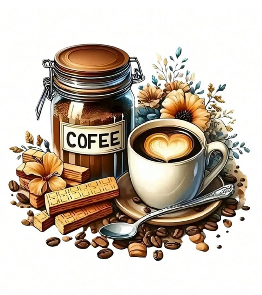 Illustrated coffee-themed PET Sticker with a glass jar labeled COFFEE, a white cup of coffee with a heart-shaped latte art surface, coffee beans, chocolate pieces, and flowers on a white background.
