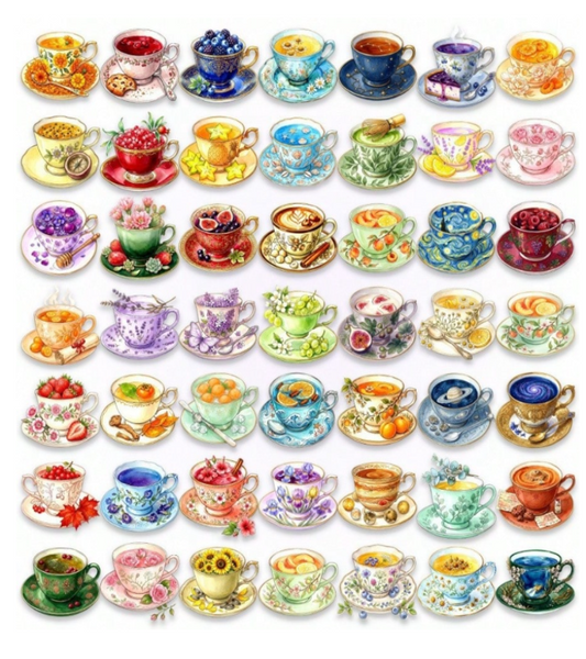 A grid of many illustrated teacups and saucers in different colors and floral patterns, arranged on a plain white background.