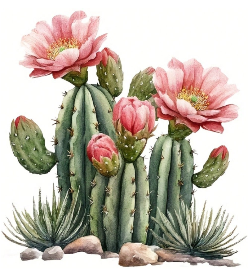 PET Heat Transfer Sticker of a green cactus with two large pink flowers, smaller flower buds, and small succulent plants at the base on a white background.