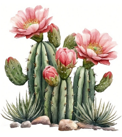 PET Heat Transfer Sticker of a green cactus with two large pink flowers, smaller flower buds, and small succulent plants at the base on a white background.