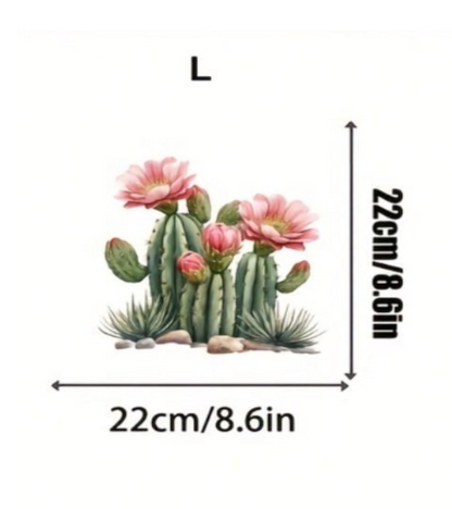 A cactus and succulent PET sticker shown with dimension arrows and text indicating 22cm by 22cm (8.6 in by 8.6 Inches