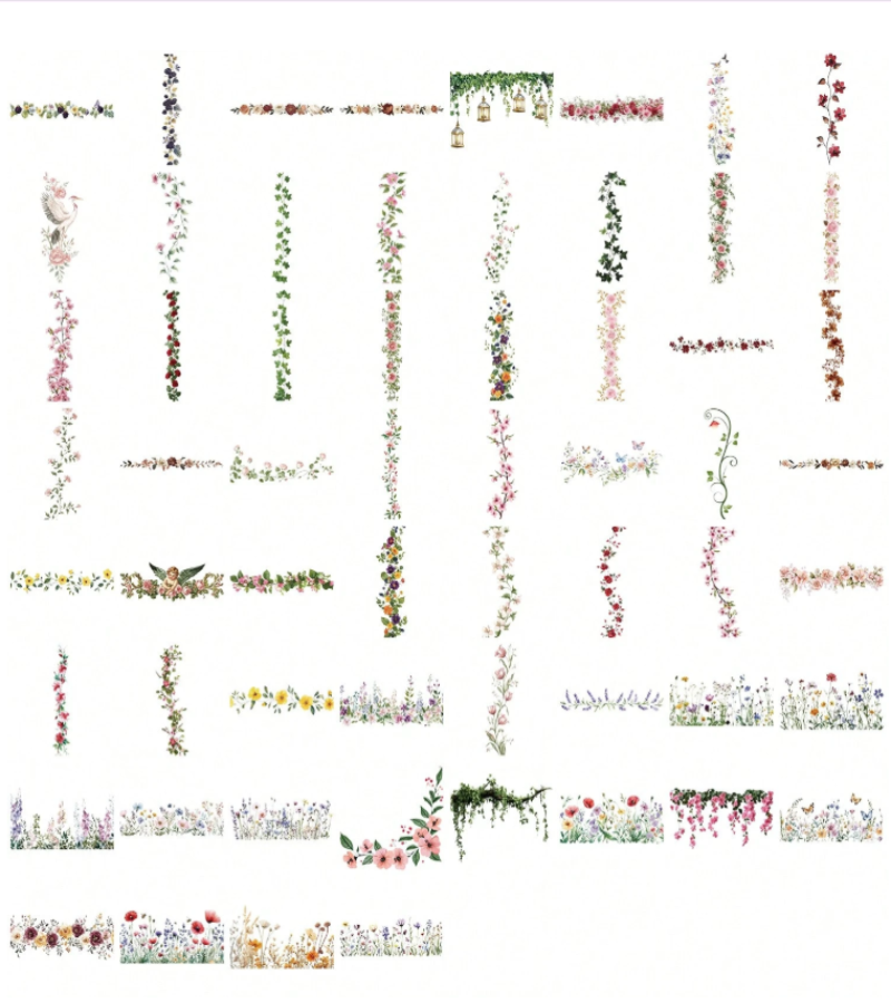 A collection of floral borders PET Stickers and vine designs arranged on a plain white background, showing many narrow horizontal and vertical botanical garland options in soft pink, green, yellow, red, and white tones.