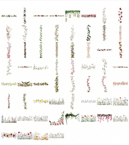 A collection of floral borders PET Stickers and vine designs arranged on a plain white background, showing many narrow horizontal and vertical botanical garland options in soft pink, green, yellow, red, and white tones.
