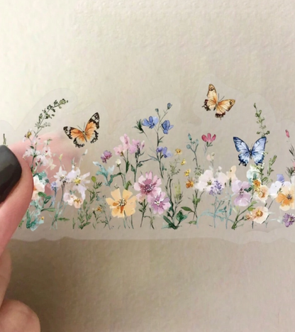 PET sticker strip featuring a delicate watercolor floral and butterfly pattern against a neutral beige background.
