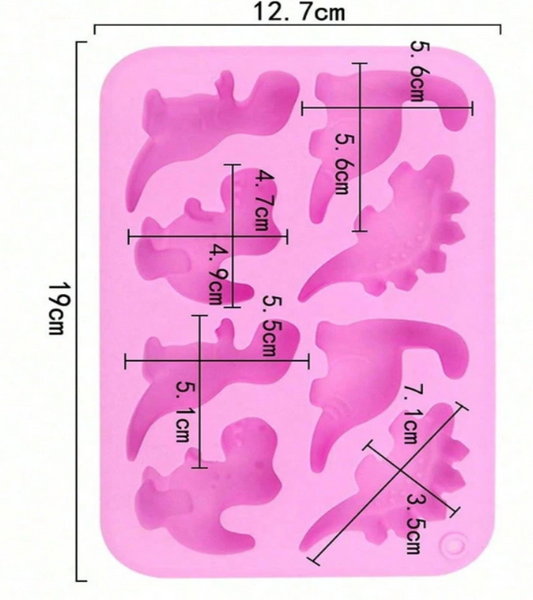 Pink silicone mold with dinosaur cavities, shown with overlaid dimensions in centimeters on a white background.