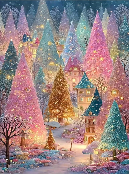 5D Diamond Art Kit - Colorful Trees Fairy Tale Town