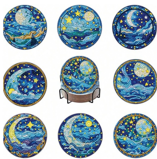 8pcs Diamond Art Painting Coasters With Holder - Starry Night Pattern
