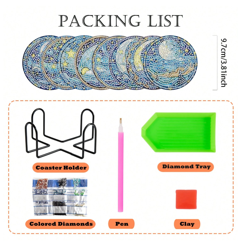 8pcs Diamond Art Painting Coasters With Holder - Starry Night Pattern