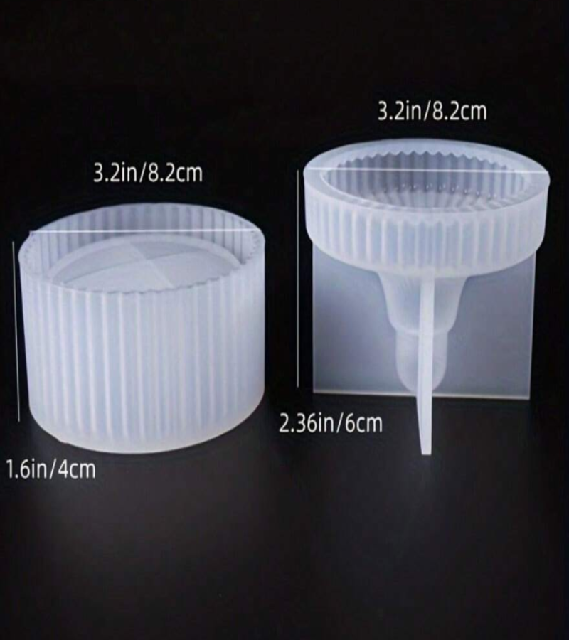 A translucent white silicone mold, stripy container and lid, shown on a black background with overlaid dimension labels