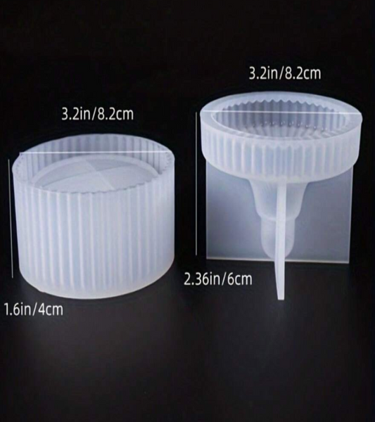 A translucent white silicone mold, stripy container and lid, shown on a black background with overlaid dimension labels