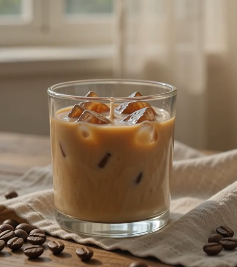 A clear glass filled with iced coffee or latte candle, set on a beige cloth with scattered coffee beans on a wooden surface in a softly lit indoor setting.
