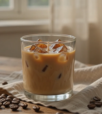A clear glass filled with iced coffee or latte candle, set on a beige cloth with scattered coffee beans on a wooden surface in a softly lit indoor setting.