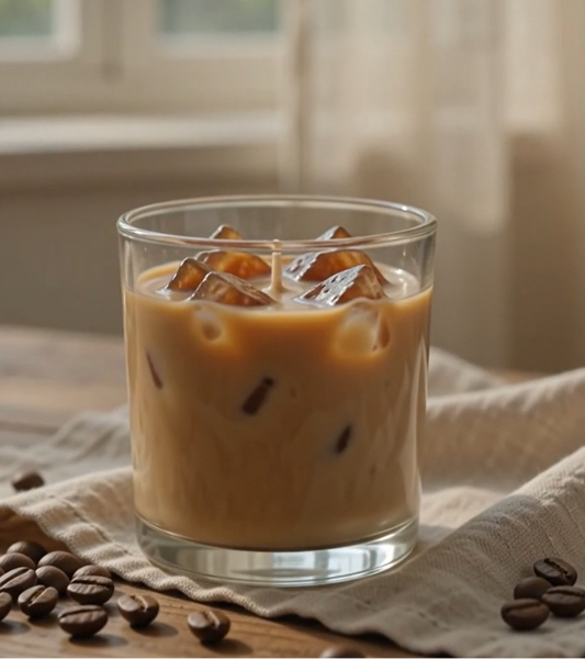 A clear glass filled with iced coffee or latte candle, set on a beige cloth with scattered coffee beans on a wooden surface in a softly lit indoor setting.