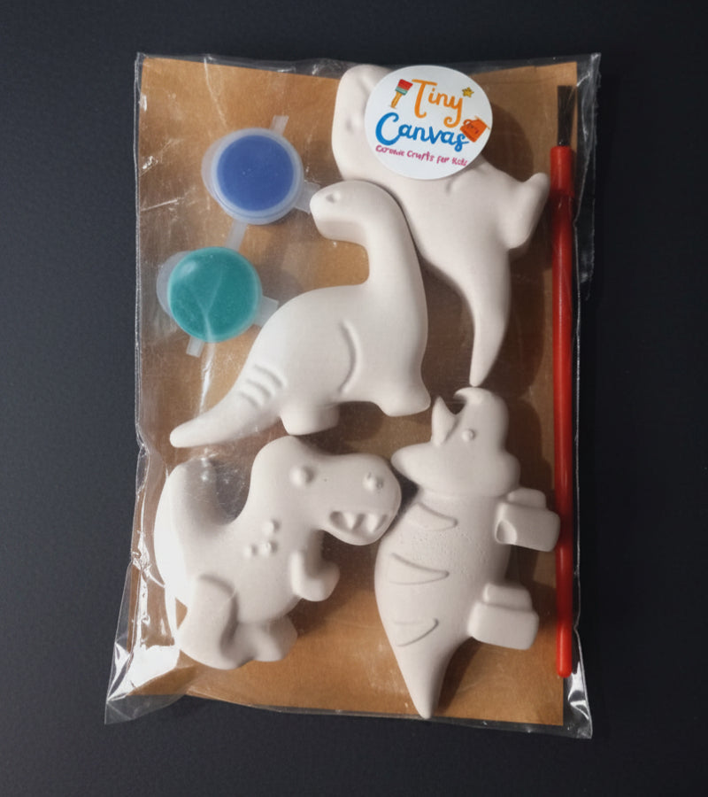 Mini Craft Painting Kits for Little Artists Containing Dinosaur Figurines, Paint Pots, and Painting Brush
