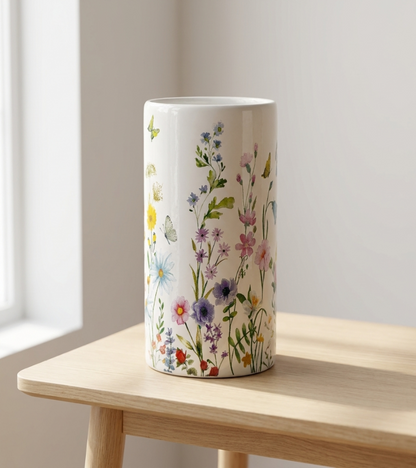 A tall white ceramic vase decorated with a colorful wildflower and butterfly pattern, sitting on a light wood table in a bright room.